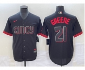 Men's Cincinnati Reds #21 Hunter Greene Black 2023 City Connect Cool Base Stitched Jersey1