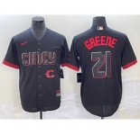 Men's Cincinnati Reds #21 Hunter Greene Black 2023 City Connect Cool Base Stitched Jersey