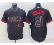 Men's Cincinnati Reds #21 Hunter Greene Black 2023 City Connect Cool Base Stitched Jersey