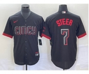 Men's Cincinnati Reds #7 Spencer Steer Black 2023 City Connect Cool Base Stitched Baseball Jersey 1