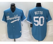 Men's Brooklyn Dodgers #50 Mookie Betts Light Blue Cooperstown Collection Cool Base Jersey