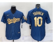 Men's Los Angeles Dodgers #10 Justin Turner Navy Blue Gold Pinstripe Stitched MLB Cool Base Nike Jersey