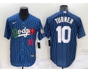 Men's Los Angeles Dodgers #10 Justin Turner Number Navy Blue Pinstripe 2020 World Series Cool Base Nike Jersey