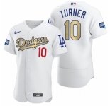 Men's Los Angeles Dodgers #10 Justin Turner Olive Gold 2020 World Series Champions Authentic Jersey