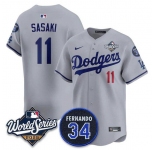 Men's Los Angeles Dodgers #11 Rōki Sasaki Gray 2025 World Series With No. 34 Patch Limited Stitched Jersey