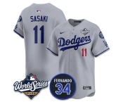Men's Los Angeles Dodgers #11 Rōki Sasaki Gray 2025 World Series With No. 34 Patch Limited Stitched Jersey