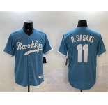 Men's Los Angeles Dodgers #11 Roki Sasaki Blue Throwback Stitched Baseball Jersey