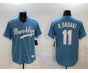 Men's Los Angeles Dodgers #11 Roki Sasaki Blue Throwback Stitched Baseball Jersey