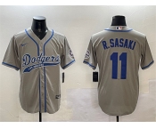 Men's Los Angeles Dodgers #11 Roki Sasaki Gray With Patch Cool Base Stitched Baseball Jersey