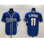Men's Los Angeles Dodgers #11 Roki Sasaki Royal With Patch Cool Base Stitched Baseball Jersey