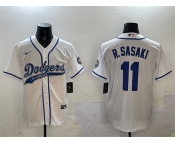 Men's Los Angeles Dodgers #11 Roki Sasaki White With Patch Cool Base Stitched Baseball Jersey