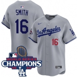 Men's Los Angeles Dodgers #16 Will Smith Gray 2024 World Series Champions Patch Limited Stitched Baseball Jersey
