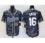 Men's Los Angeles Dodgers #16 Will Smith Number Gray Camo Cool Base With Patch Stitched Baseball Jersey
