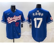 Men's Los Angeles Dodgers #17 大谷翔平 Royal With American Flag Patch Limited Stitched Baseball Jersey