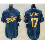 Men's Los Angeles Dodgers #17 Shohei Ohtani Blue Gold Pinstripe Cool Base Stitched Baseball Jersey