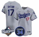 Men's Los Angeles Dodgers #17 Shohei Ohtani Gray 2025 World Series With No. 34 Patch Limited Stitched Jersey