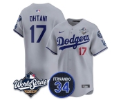 Men's Los Angeles Dodgers #17 Shohei Ohtani Gray 2025 World Series With No. 34 Patch Limited Stitched Jersey