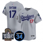 Men's Los Angeles Dodgers #17 Shohei Ohtani Grey 2024 World Series With Fernando Memorial Patch Limited Stitched Baseball Jersey