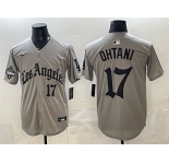 Men's Los Angeles Dodgers #17 Shohei Ohtani Grey LA Gothic Style With 2025 World Series Champions Patch Limited Stitched Baseball Jersey
