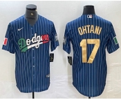 Men's Los Angeles Dodgers #17 Shohei Ohtani Mexico Blue Gold Pinstripe Cool Base Stitched Jersey