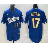 Men's Los Angeles Dodgers #17 Shohei Ohtani Number Blue Gold Stitched Cool Base Nike Jersey