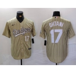 Men's Los Angeles Dodgers #17 Shohei Ohtani Number Cream Pinstripe Cool Base Stitched Jersey