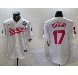 Men's Los Angeles Dodgers #17 Shohei Ohtani Number White Pink 2024 World Series Limited Cool Base Stitched Jerseys
