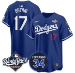 Men's Los Angeles Dodgers #17 Shohei Ohtani Royal 2025 World Series With No.34 Patch Limited Stitched Baseball Jersey