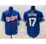 Men's Los Angeles Dodgers #17 Shohei Ohtani Royal With American Flag Patch Limited Stitched Baseball Jersey