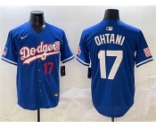 Men's Los Angeles Dodgers #17 Shohei Ohtani Royal With American Flag Patch Limited Stitched Baseball Jersey