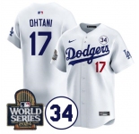Men's Los Angeles Dodgers #17 Shohei Ohtani White 2024 World Series With No. 34 Patch Limited Stitched Baseball Jersey