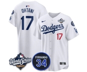 Men's Los Angeles Dodgers #17 Shohei Ohtani White 2025 World Series With No. 34 Patch Limited Stitched Jersey