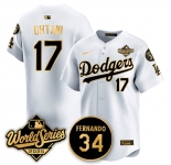 Men's Los Angeles Dodgers #17 Shohei Ohtani White Gold 2025 World Series With No.34 Patch Limited Stitched Baseball Jersey
