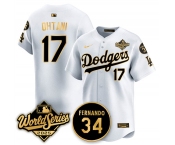 Men's Los Angeles Dodgers #17 Shohei Ohtani White Gold 2025 World Series With No.34 Patch Limited Stitched Baseball Jersey