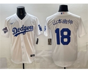 Men's Los Angeles Dodgers #18 山本由伸 White 2025 World Series Champions Patch Cool Base Stitched Baseball Jersey