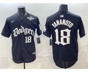 Men's Los Angeles Dodgers #18 Yoshinobu Yamamoto Black 2025 LA Gothic Style With 2025 World Series Patch Vapor Premier Limited Stitched Baseball Jersey