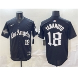 Men's Los Angeles Dodgers #18 Yoshinobu Yamamoto Black LA Gothic Style With 2025 World Series Champions Patch Limited Stitched Baseball Jersey