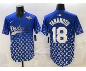 Men's Los Angeles Dodgers #18 Yoshinobu Yamamoto Blue 2025 World Series Patch Limited Stitched Baseball Jersey