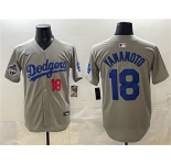 Men's Los Angeles Dodgers #18 Yoshinobu Yamamoto Gray 2025 World Series Champions Patch Stitched Baseball Jersey