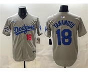 Men's Los Angeles Dodgers #18 Yoshinobu Yamamoto Gray 2025 World Series Champions Patch Stitched Baseball Jersey