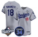 Men's Los Angeles Dodgers #18 Yoshinobu Yamamoto Gray 2025 World Series With No. 34 Patch Limited Stitched Jersey