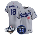 Men's Los Angeles Dodgers #18 Yoshinobu Yamamoto Gray 2025 World Series With No. 34 Patch Limited Stitched Jersey