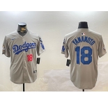 Men's Los Angeles Dodgers #18 Yoshinobu Yamamoto Grey 2024 World Series With Fernando Memorial Patch Limited Stitched Baseball Jersey