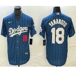 Men's Los Angeles Dodgers #18 Yoshinobu Yamamoto Number Blue Pinstripe Cool Base Stitched Baseball Jersey1