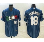 Men's Los Angeles Dodgers #18 Yoshinobu Yamamoto Number Navy Blue Pinstripe Mexico 2020 World Series Cool Base Nike Jersey