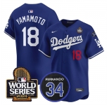 Men's Los Angeles Dodgers #18 Yoshinobu Yamamoto Royal 2024 World Series With Fernando Memorial Patch Limited Stitched Baseball Jersey