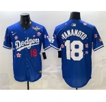 Men's Los Angeles Dodgers #18 Yoshinobu Yamamoto Royal 2025 World Series Patch Tokyo Series Limited Stitched Baseball Jersey