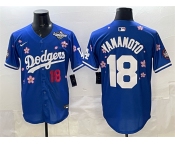 Men's Los Angeles Dodgers #18 Yoshinobu Yamamoto Royal 2025 World Series Patch Tokyo Series Limited Stitched Baseball Jersey