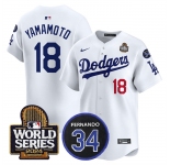 Men's Los Angeles Dodgers #18 Yoshinobu Yamamoto White 2024 World Series With Fernando Memorial Patch Limited Stitched Baseball Jersey
