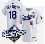 Men's Los Angeles Dodgers #18 Yoshinobu Yamamoto White 2025 World Series Home Limited Stitched Baseball Jersey